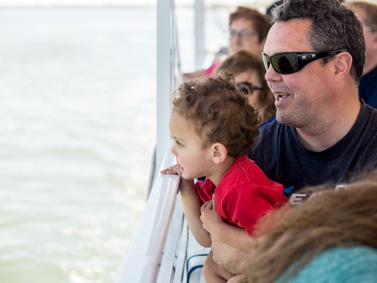 Dad and Kid looking for Hilton Head Wildlife on a Dolphin Tour