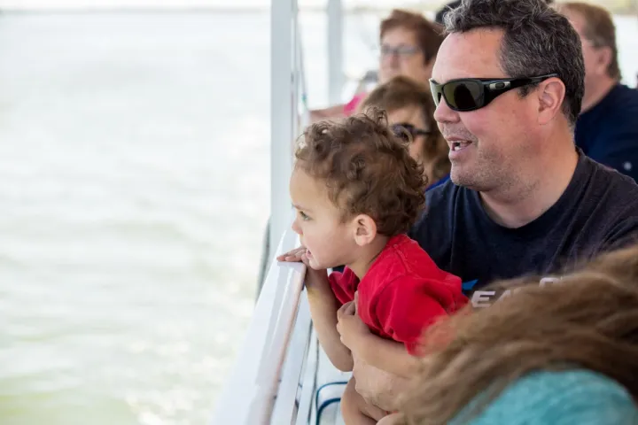 Dad and Kid looking for Hilton Head Wildlife on a Dolphin Tour